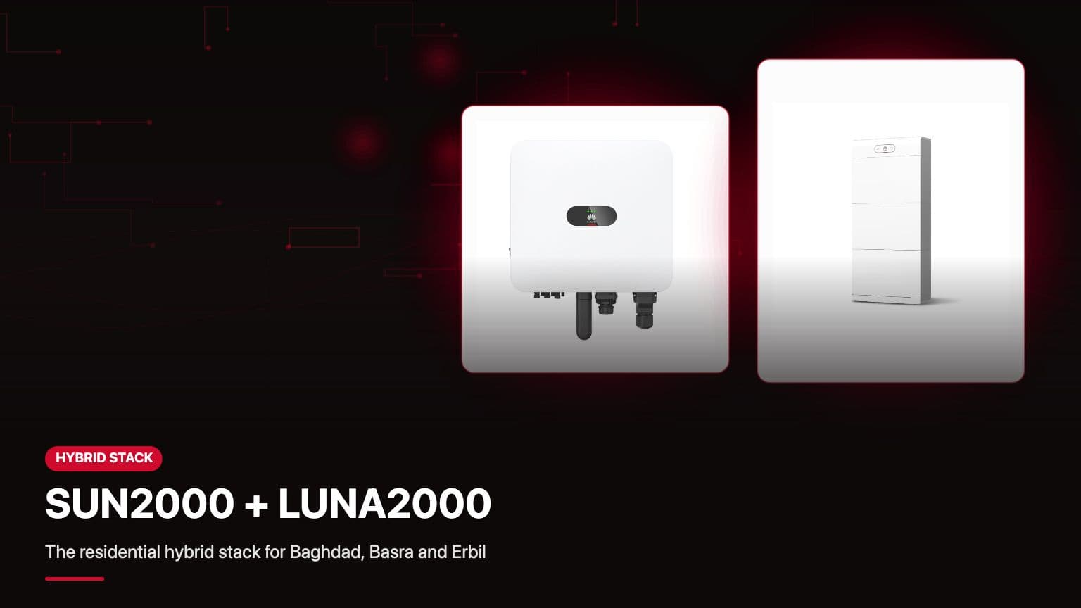 Huawei SUN2000 hybrid inverter wall-mounted next to a LUNA2000 battery cabinet