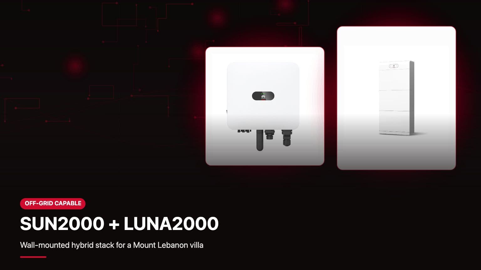 Huawei SUN2000 hybrid inverter and LUNA2000 battery wall-mounted in a Lebanese villa utility room