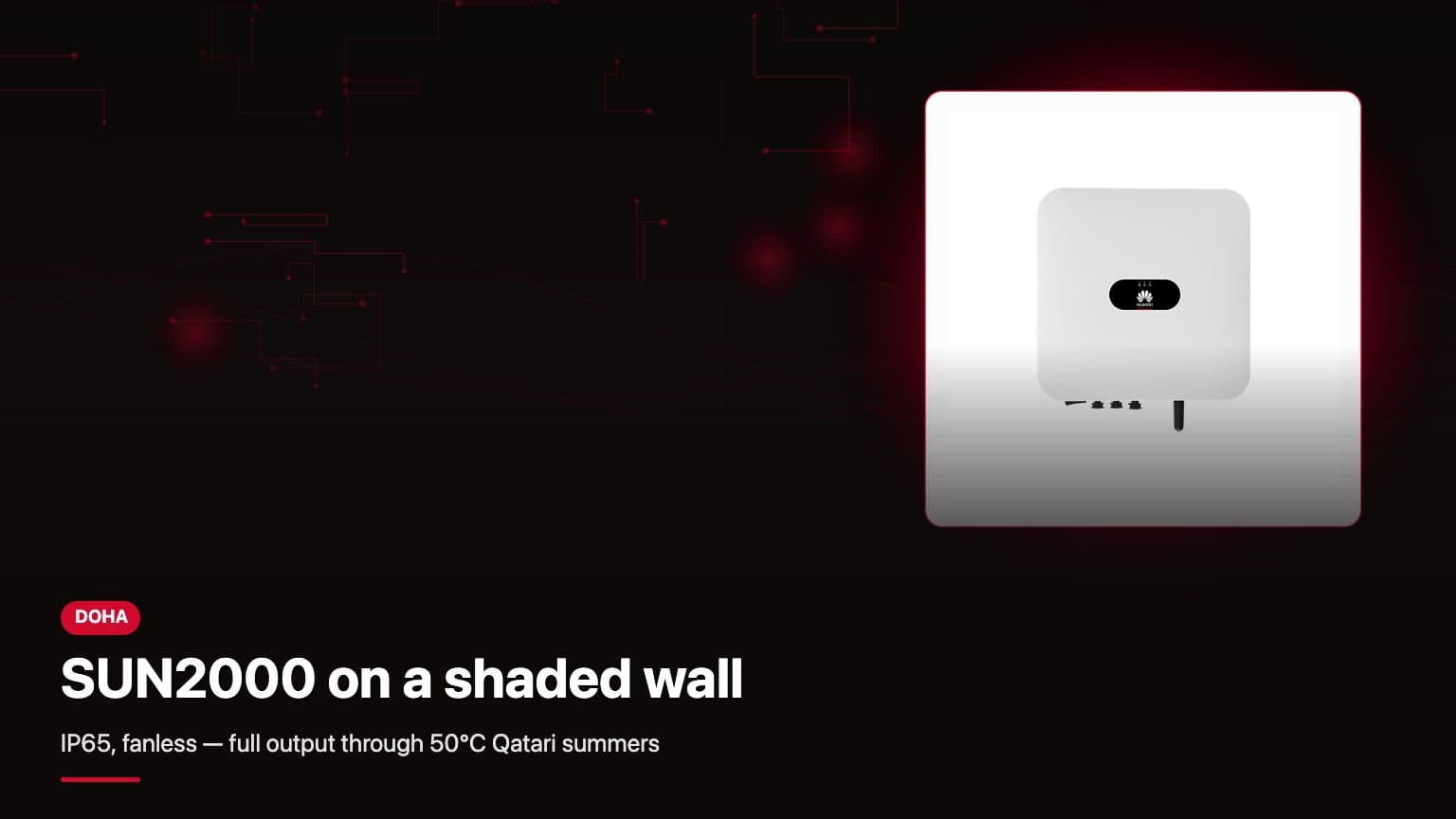 Huawei SUN2000-10KTL-M1 inverter wall-mounted on a shaded Doha villa exterior